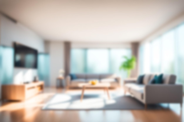 Imagen borrosa de la sala de estar con muebles en el hogar con luz solar borrosa concepto de fondo interior