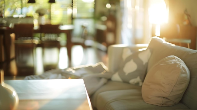 Imagen borrosa de la sala de estar con muebles en el hogar con luz solar para uso de fondo IA generativa