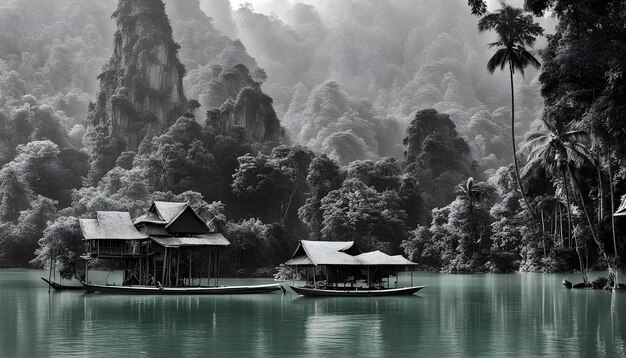 Foto una imagen de un bosque con un barco y una casa en el agua