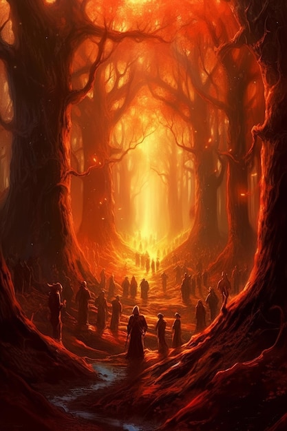 Una imagen de un bosque con gente caminando en él.
