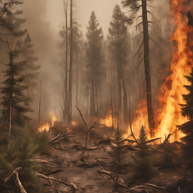 una imagen de un bosque con un incendio forestal ardiendo en el fondo