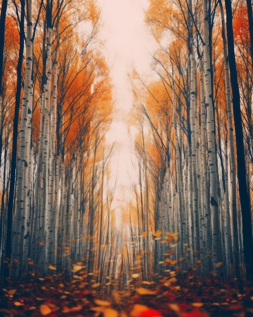 una imagen de un bosque de otoño con árboles y hojas que soplan en el viento