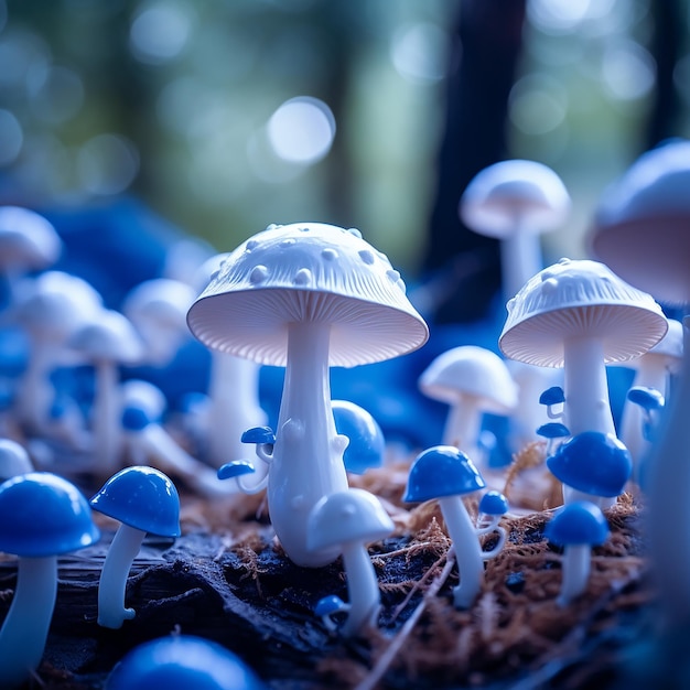 Una imagen de un bosque de setas azules