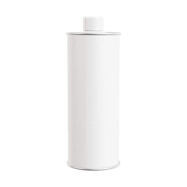 una imagen de una botella de aceite de oliva metálica en blanco aislada sobre un fondo blanco