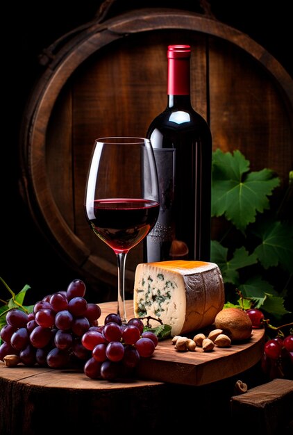 Foto imagen de una botella de vino tinto con queso y uvas a su lado