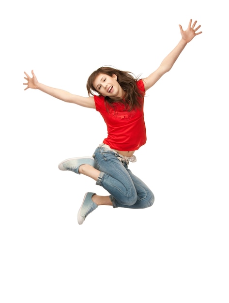 imagen brillante de feliz saltando adolescente