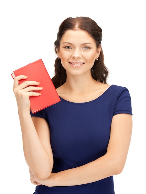 imagen brillante de mujer feliz y sonriente con libro