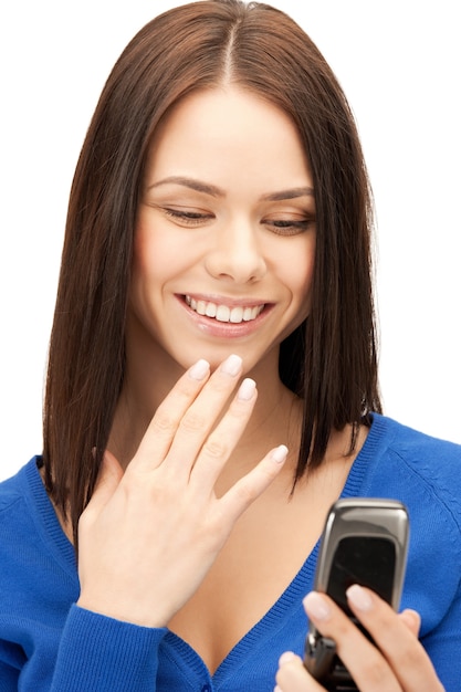 Foto imagen brillante de mujer con teléfono celular