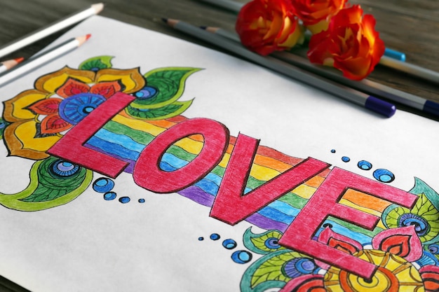 Imagen brillante con la palabra LOVE crayones y rosas de cerca