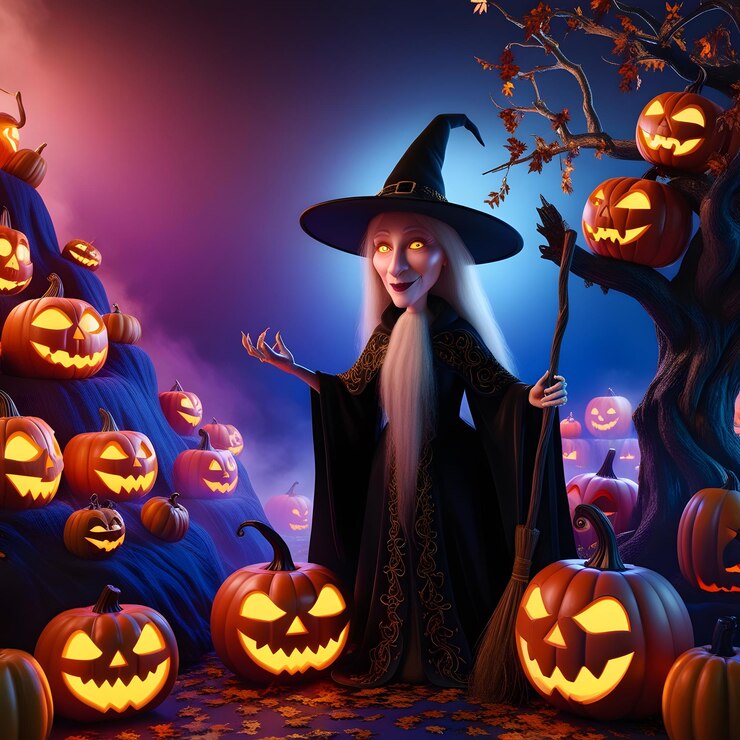 una imagen de una bruja con una calabaza y un árbol con una bruja en él