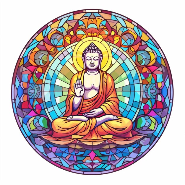 Una imagen de un Buda sentado en una posición de meditación en un círculo de vidrio pintado generativo ai