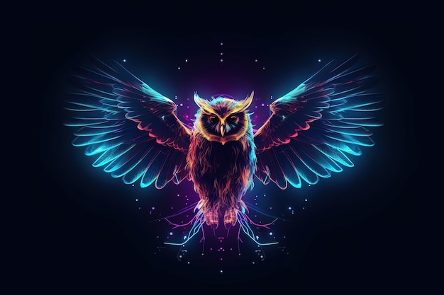 Imagen de un búho batiendo alas con luz que está en el mundo digital sobre un fondo oscuro Aves Fauna Animales Ilustración generativa AIxA