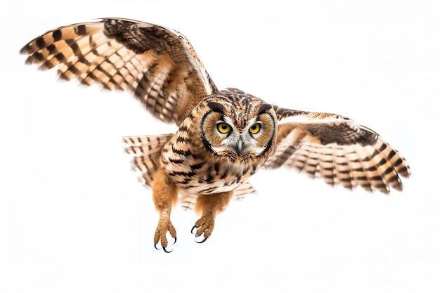 Imagen de un búho batiendo sus alas volando sobre un fondo blanco Animales silvestres Aves Ilustración IA generativa