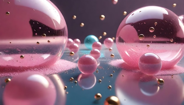 una imagen de una burbuja rosa con bolas doradas y azules