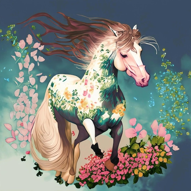 Imagen de un caballo blanco rodeado de coloridas flores tropicales sobre un fondo limpio