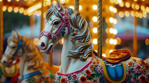 Una imagen con un caballo de carrusel con intrincadas decoraciones florales que añaden un toque elegante a la