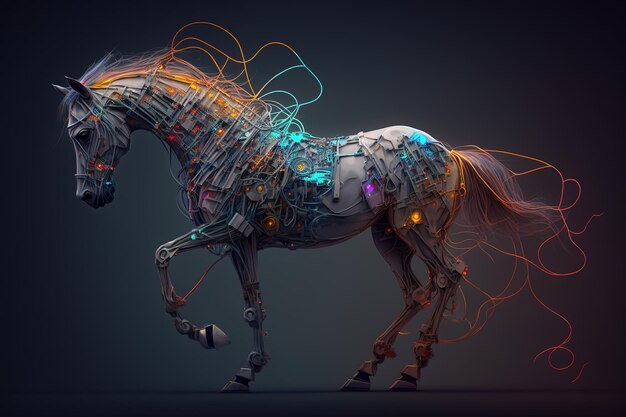 Imagen de un caballo con concepto de tecnología Ilustración de animales salvajes IA generativa