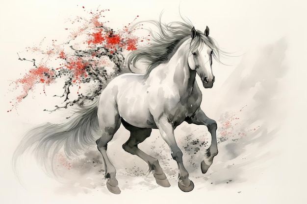 Imagen de un caballo corriendo con flores de cerezo rosadas en el antiguo estilo chino Vida silvestre Animales Naturaleza Ilustración Generativa AI