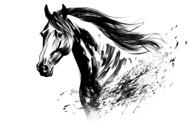 Imagen de un caballo dibujando con un pincel y tinta negra sobre fondo blanco Ilustración de animales salvajes IA generativa