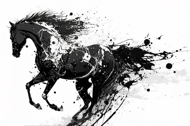 Imagen de un caballo dibujando con un pincel y tinta negra sobre fondo blanco Ilustración de animales salvajes IA generativa