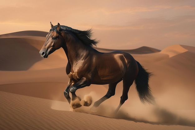 Imagen de un caballo marrón corriendo en medio del desierto Ilustración de animales salvajes IA generativa