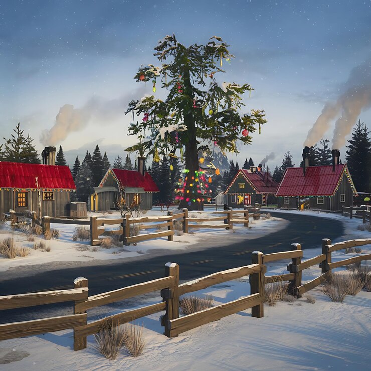 una imagen de una cabaña con una casa en el fondo tema de Navidad