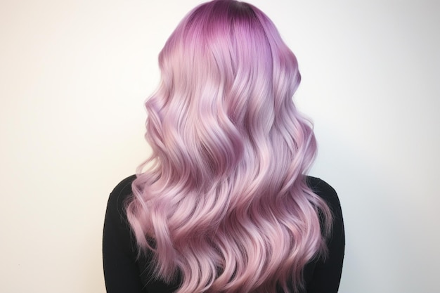 Una imagen de un cabello morado con reflejos rosas y morados.