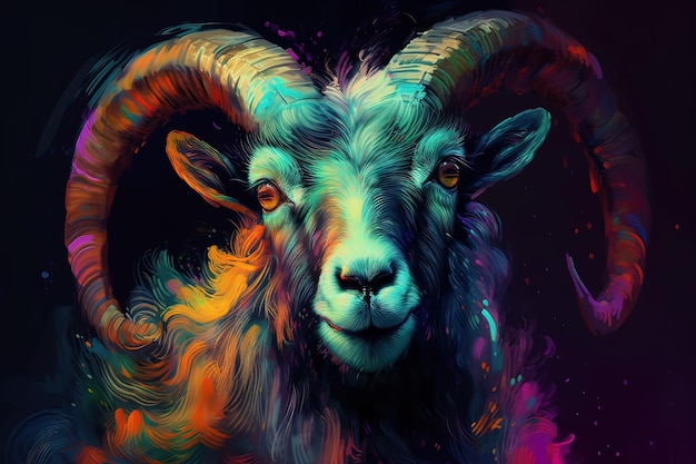 Imagen de cabeza de cabra colorida sobre fondo blanco Ilustración de animales de granja IA generativa