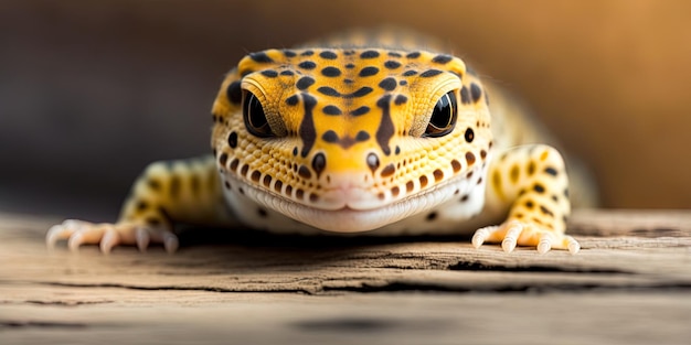 Imagen de la cabeza de un geco leopardo descansando en madera de cerca