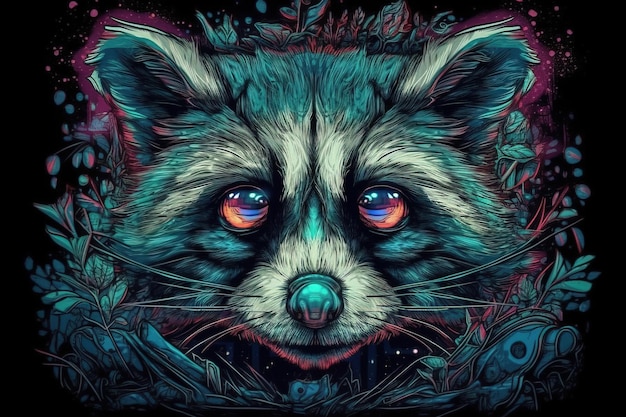 Imagen de una cabeza de mapache con hermosos colores brillantes sobre un fondo oscuro Ilustración de animales salvajes IA generativa