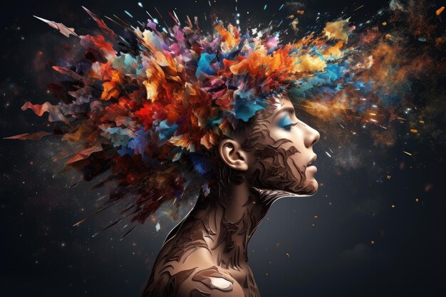 Una imagen de la cabeza de una mujer con un peinado impresionante y distintivo con cabello multicolor vibrante. Una imagen abstracta de pensamientos que explotan en una mente creativa generada por IA.