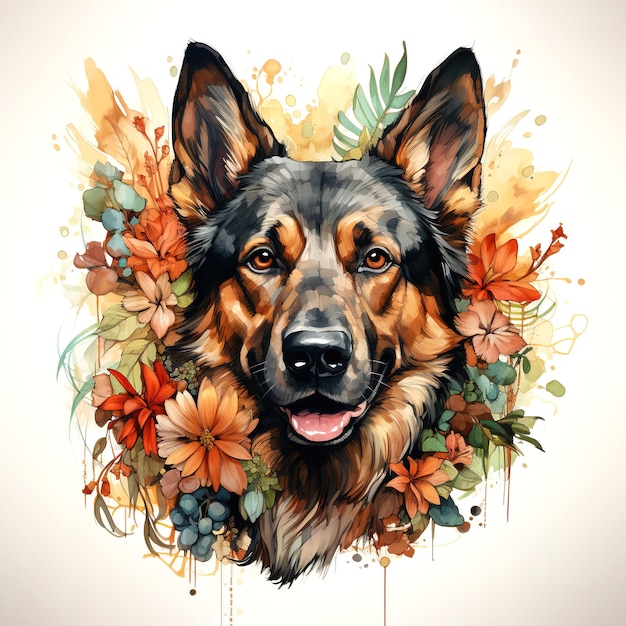 Imagen de una cabeza de perro pastor alemán con coloridas flores tropicales en fondo blanco Animales domésticos