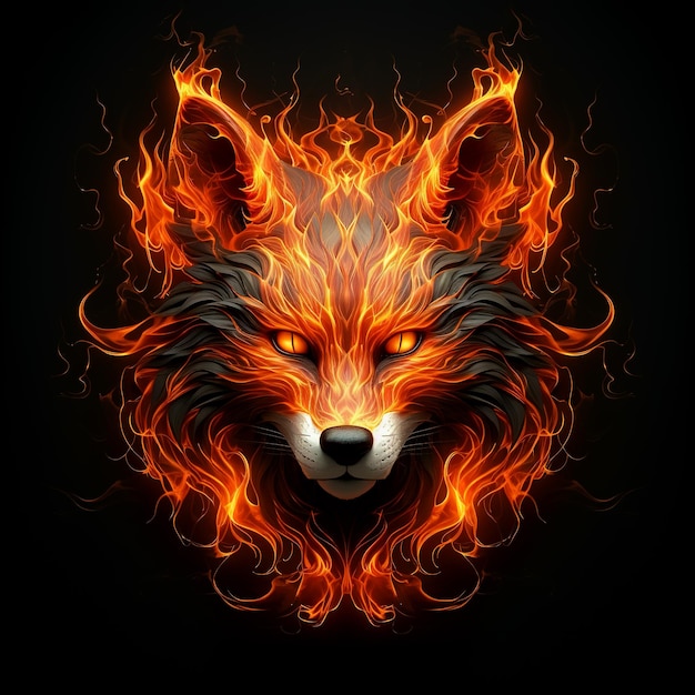Imagen de una cabeza de zorro con un fuego ardiente sobre fondo negro Ilustración de animales salvajes AI generativa