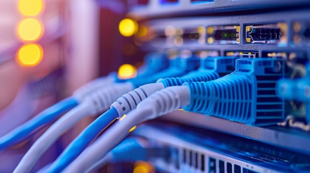 Imagen de cables de red e indicadores de servidor en un centro de datos que muestra una conectividad intrincada