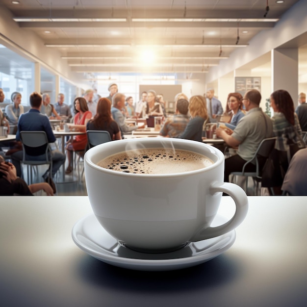 Una imagen de un café caliente recién elaborado en una habitación llena de gente