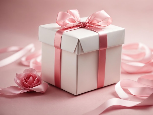 Imagen de una caja de regalo blanca con cinta rosa