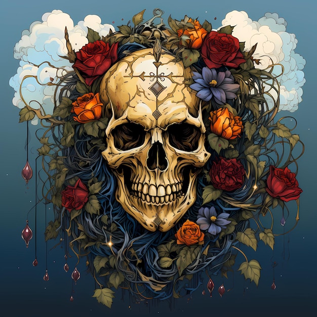 Imagen de una calavera con flores en la cabeza IA generativa