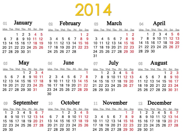 Imagen de un calendario simple y preciso para el año 2014