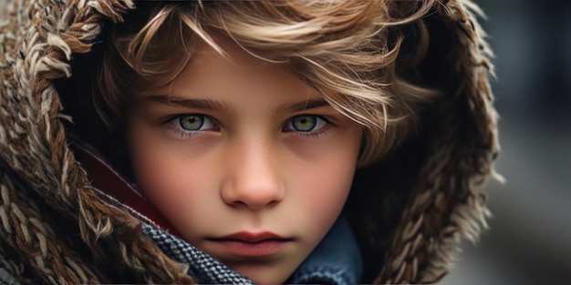 Imagen cálida y acogedora de un niño con un abrigo con capucha centrándose en los detalles faciales generativa de IA