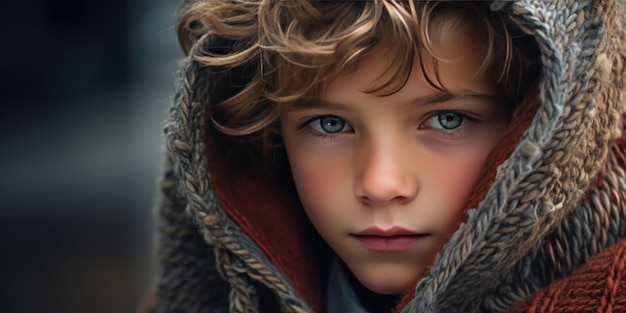 Imagen cálida y acogedora de un niño con un abrigo con capucha centrándose en los detalles faciales generativa de IA