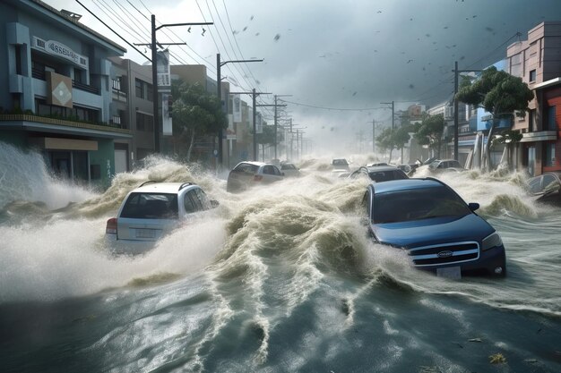 Una imagen de una calle con autos circulando por un área inundada.