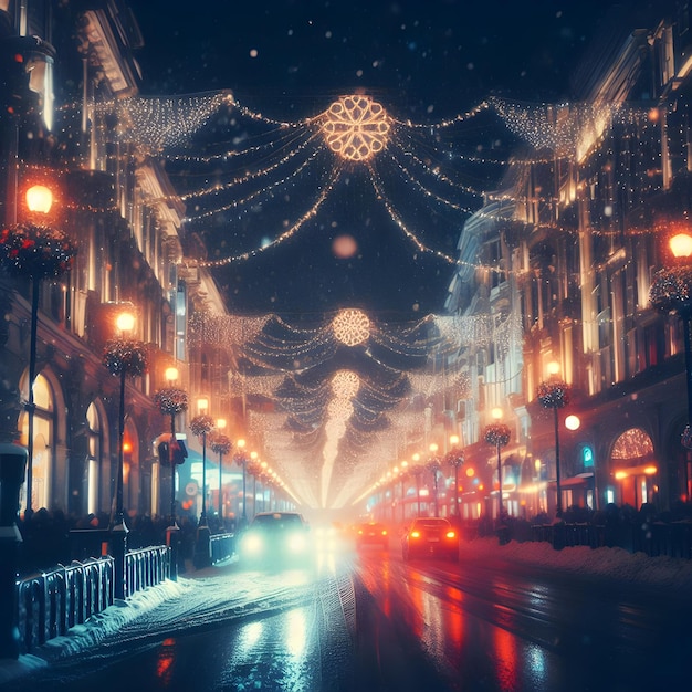 Imagen de la calle borrosa de la ciudad nocturna festiva con nieve y luces navideñas