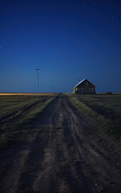 Imagen de una calle vacía en un campo abierto por la noche