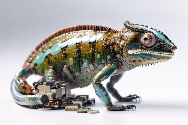 Imagen de un camaleón modificado en un robot electrónico sobre un fondo blanco Reptil Animal ilustración IA generativa