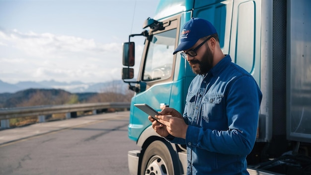 Foto imagen de un camionero profesional de pie junto a su camión con una tableta y configurando la navegación gps.