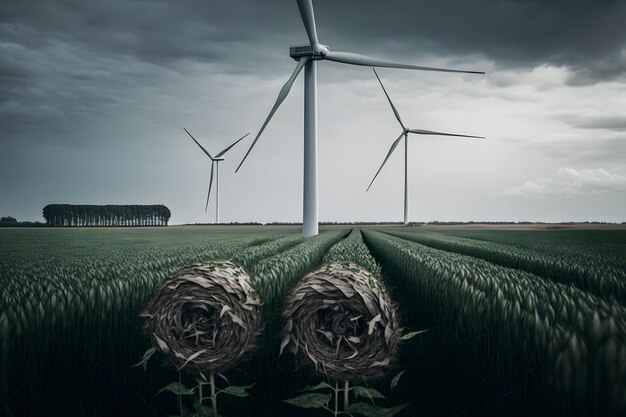 Una imagen de un campo con dos flores frente a un parque eólico.