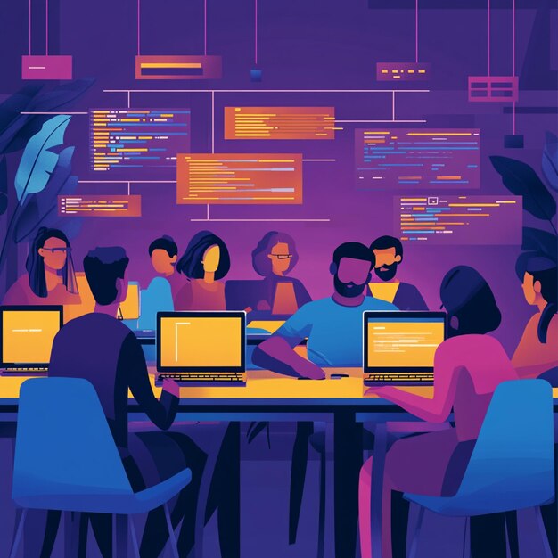 Una imagen de un campo de entrenamiento de codificación o taller tecnológico con participantes codificando en portátiles2