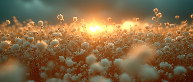 una imagen de un campo de flores con el sol en el fondo