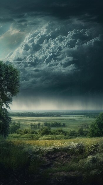 Una imagen de un campo con un gran planeta al fondo.