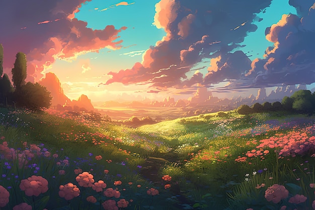una imagen de un campo lleno de flores con una puesta de sol de fondo